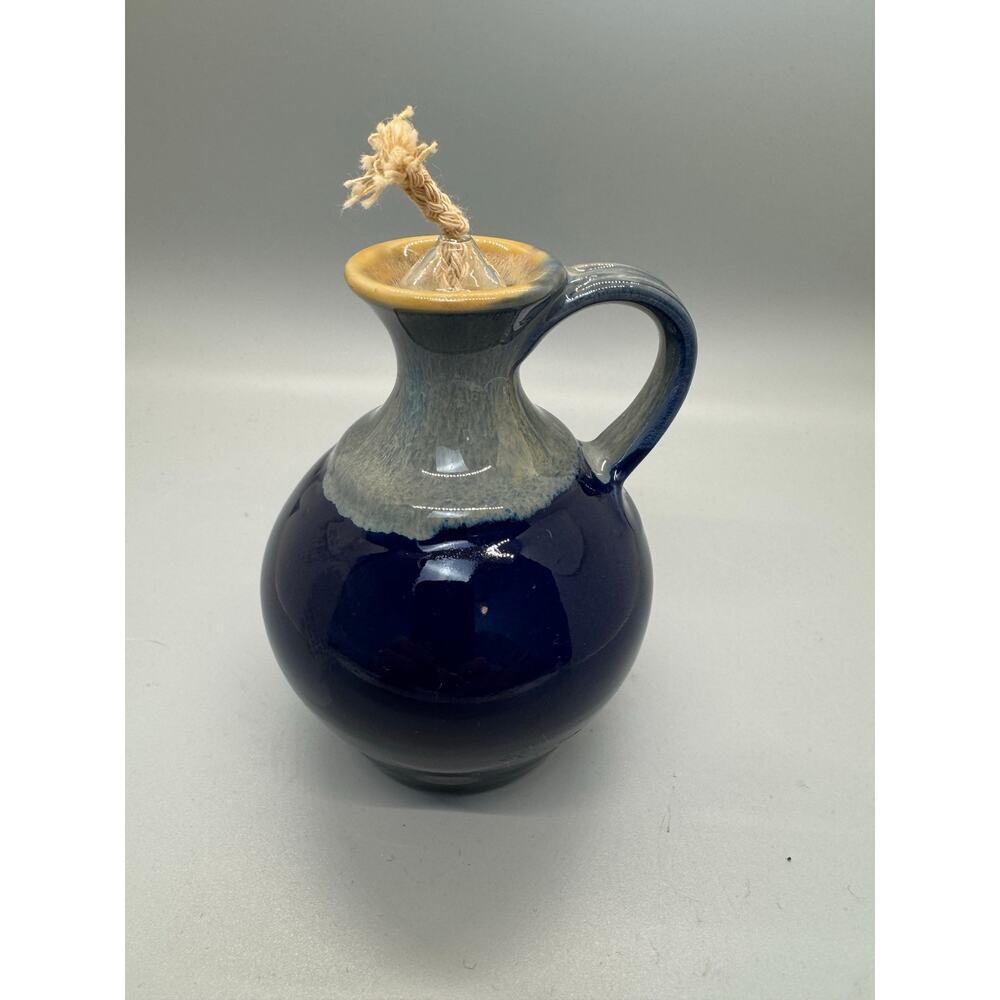 Tumbleweed Pottery Blue Gray Oil Lamp Vessel Vase Small Handle Pitcher Signed